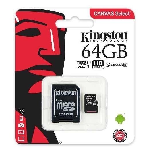 Memoria Micro Sd 64gb Kingston C/adap Clase 10 80mbs Canvas