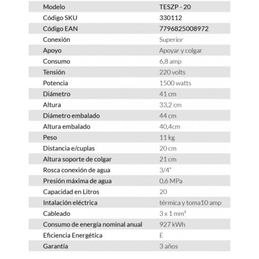 SEÑORIAL TERMOTANQUE TESZP-20 20 LTS...