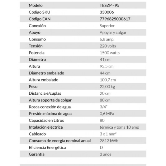 SEÑORIAL TERMOTANQUE 95 ELECTRICO 80...