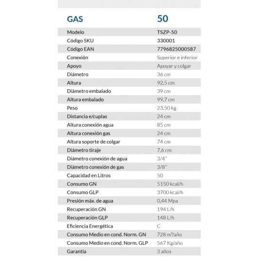 SEÑORIAL TERMOTANQUE 50 LTS.G.N. ALTA...